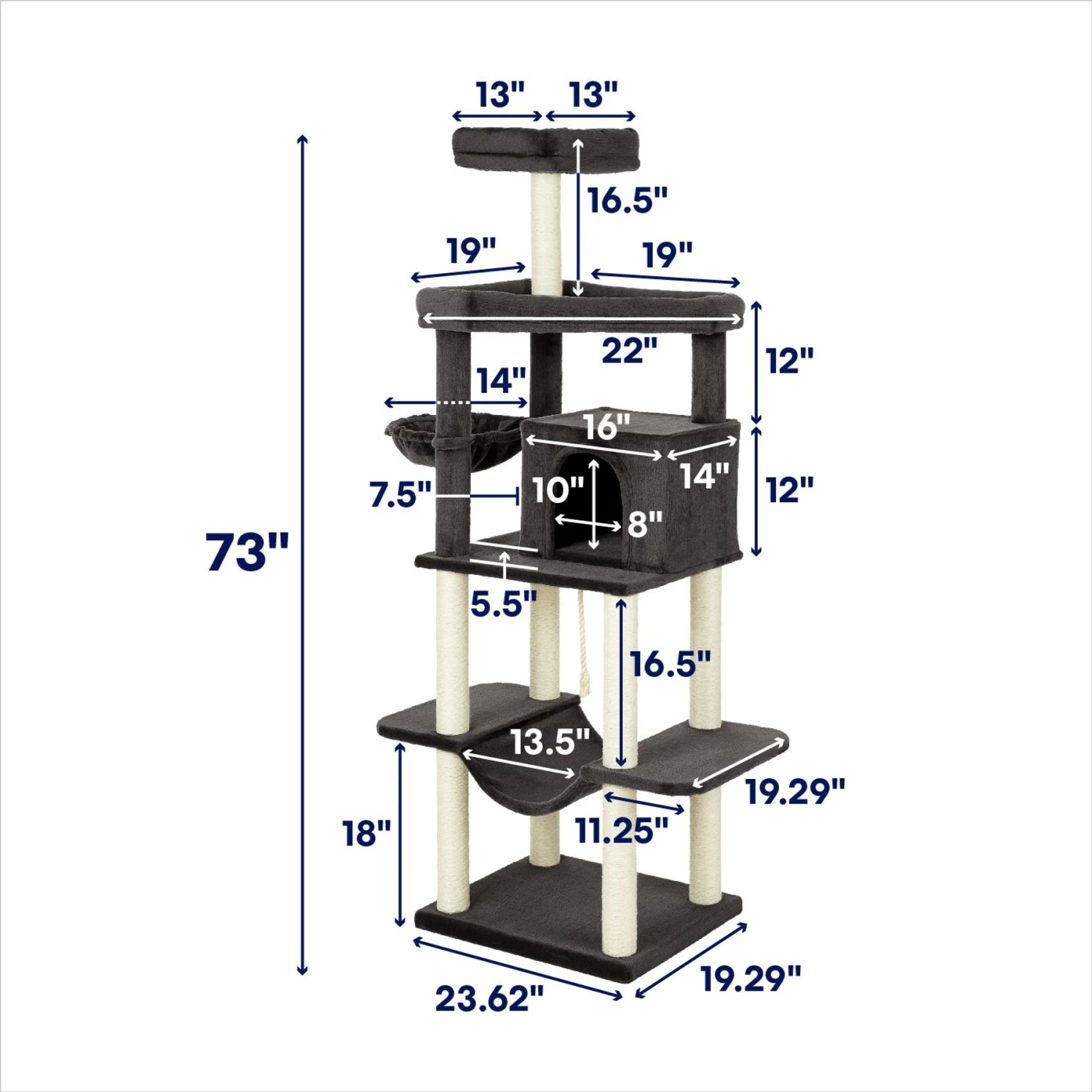 Frisco 73-in Cat Tree With Hammock, Condo, Lounge Basket, Top Perch & Bed - Image 2